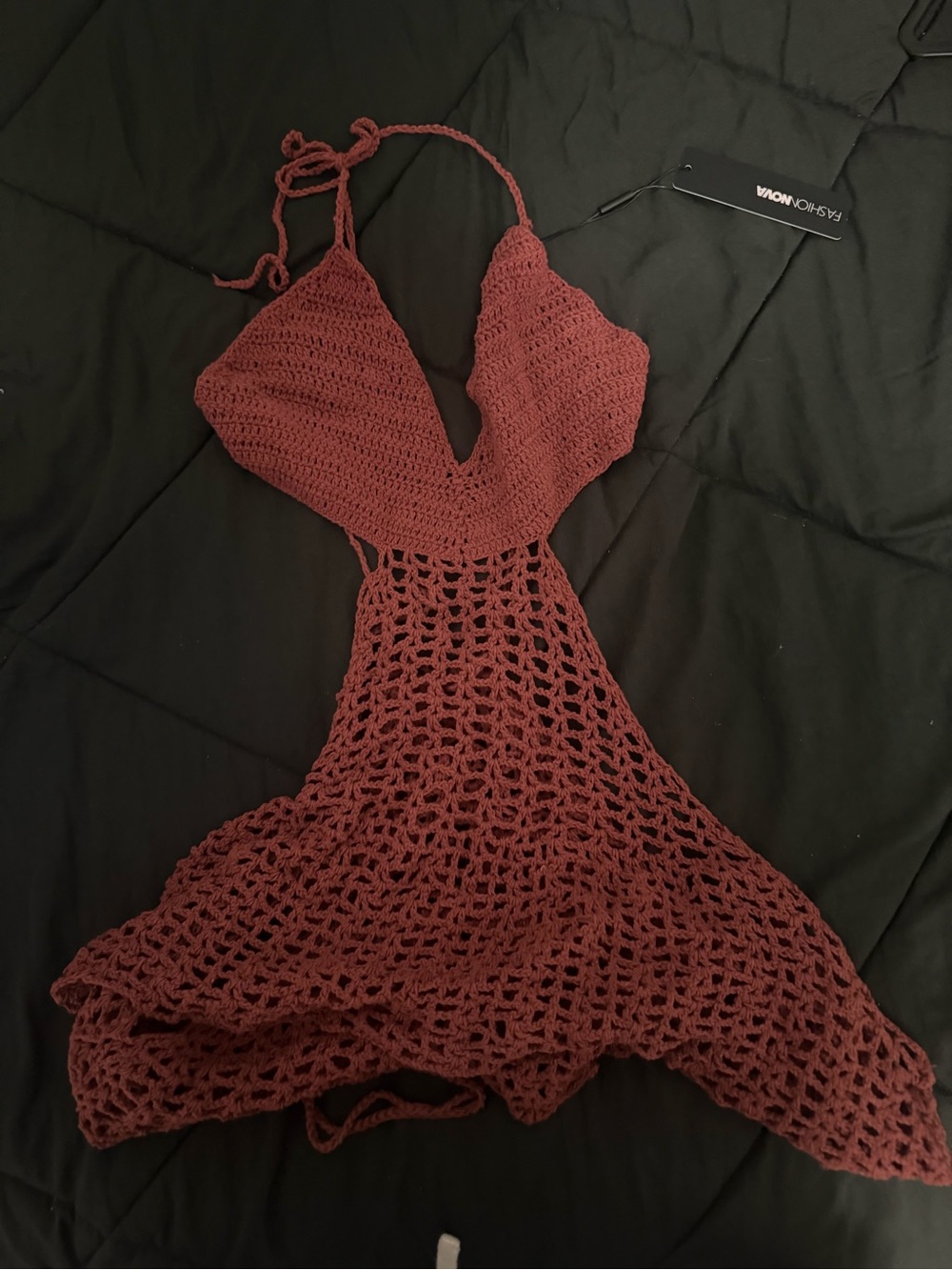 Fashion Nova Crochet Halter Mini Dress in Brick Red